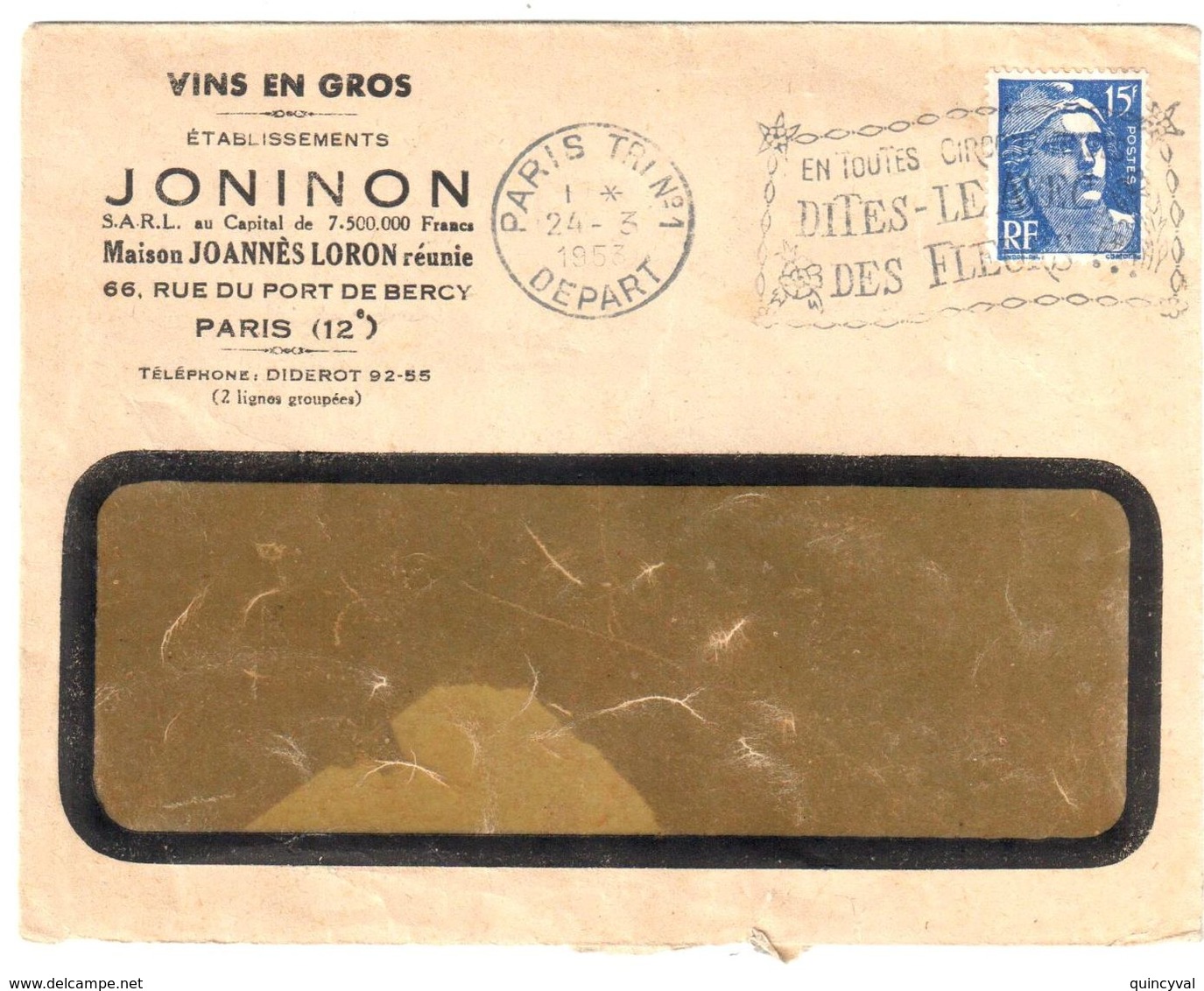 PARIS Tri N° 1 Lettre Entête Vins En Gros JONINON Port De Bercy 15 F Gandon Bleu Yv 886 Ob 24 3 1953 - Storia Postale