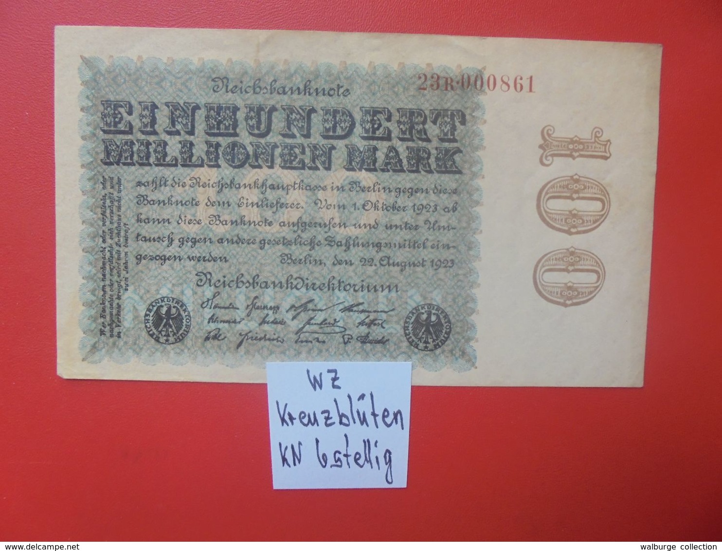 Reichsbanknote 100 MILLIONEN MARK 1923 "KREUZBLÜTEN"  6 CHIFFRES CIRCULER (B.16) - 100 Millionen Mark