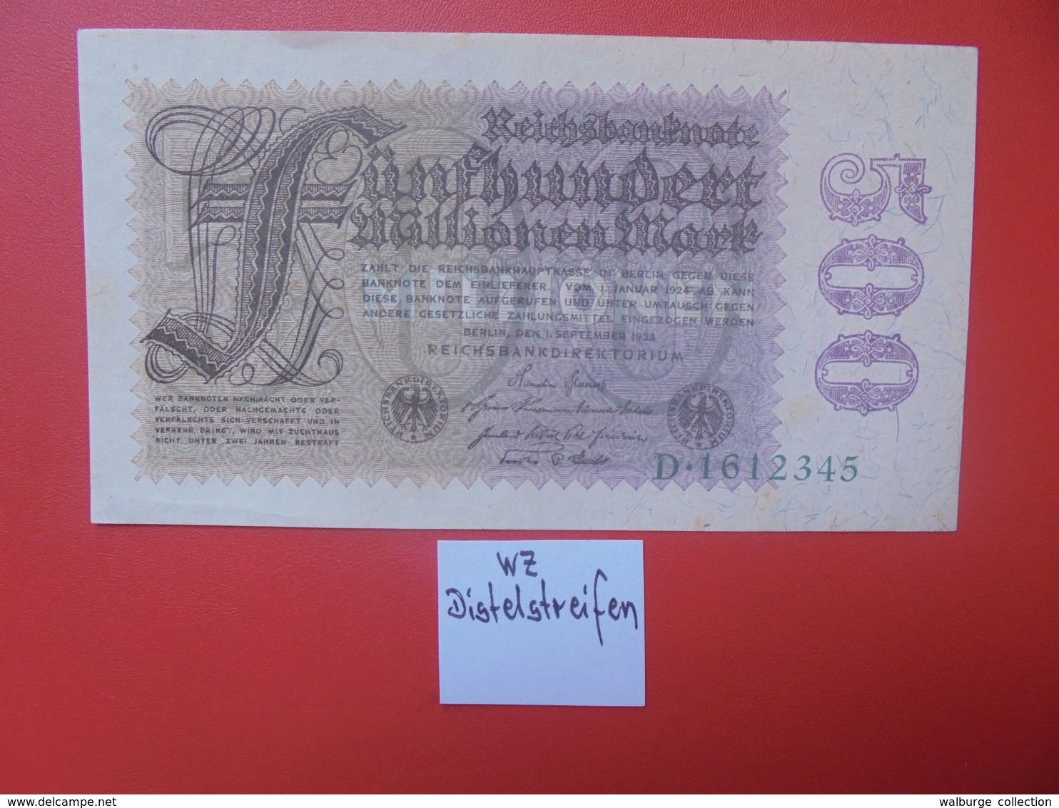 Reichsbanknote 500 MILLIONEN MARK 1923 "DISTELSTREIFEN" 7 CHIFFRES CIRCULER (B.16) - 500 Miljoen Mark