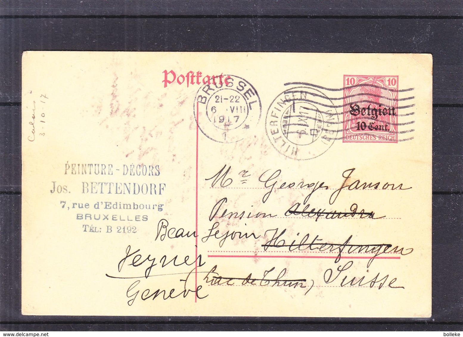 Belgique - Carte Postale De 1917 - Entier Postal - Oblit Bruxelles - Exp Vers Hilterfingen - Réexpédié Vers Genève - - OC1/25 General Government