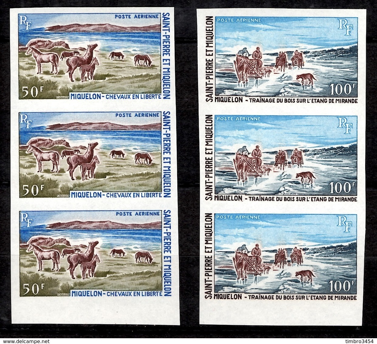 Saint-Pierre Et Miquelon Poste Aérienne Maury N° 44/45 En Bandes De 3 Non Dentelés Neufs ** MNH. TB. A Saisir! - Unused Stamps