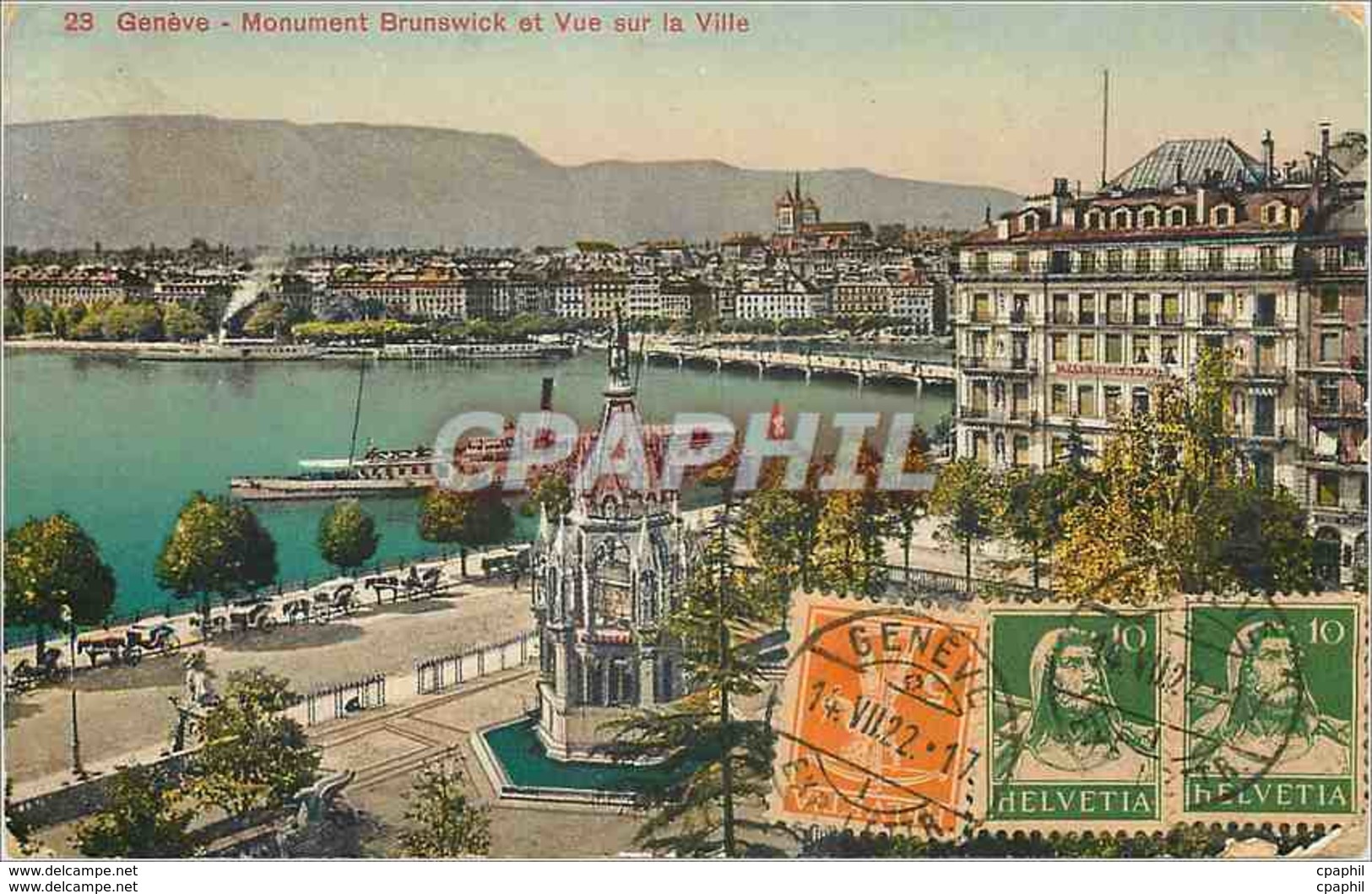 CPA Geneve Monument Brunswick Et Vue Sur La Ville Bateau - Genève