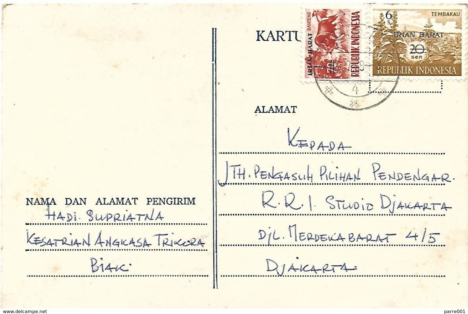 Nederlands Nieuw Guinea 1969 Biak Irian Barat Overprint Buffalo Tabacco Indonesia Radio Postcard - Indonesien