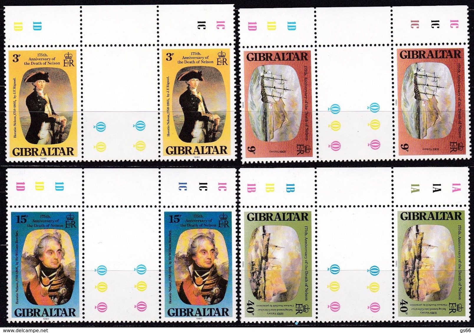 Gibraltar, 1980, 409/12, Lord Horatio Nelson, MNH **, GUTTER PAIR. - Gibilterra