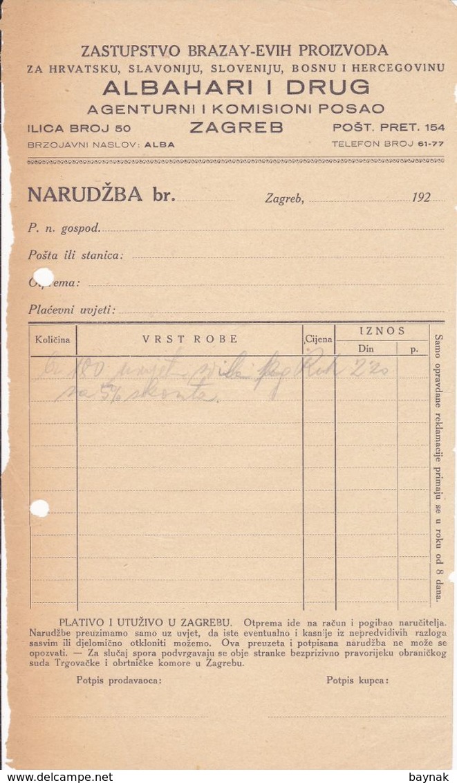 CROATIA  -  ZAGREB  --  LOT  4 X FACTURE, INVOICE  --  NARUDZBA  --  ALBAHARI I DRUG  --  JEWISH - Altri & Non Classificati