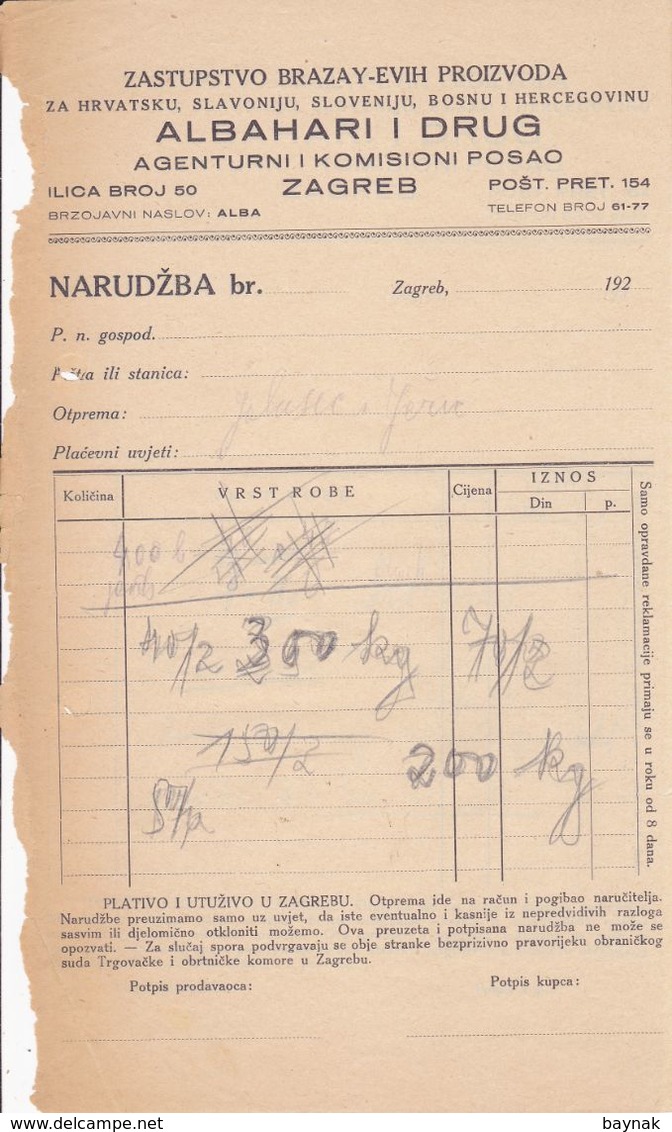 CROATIA  -  ZAGREB  --  LOT  4 X FACTURE, INVOICE  --  NARUDZBA  --  ALBAHARI I DRUG  --  JEWISH - Altri & Non Classificati