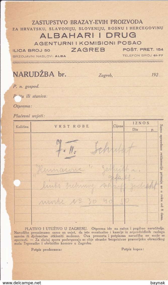 CROATIA  -  ZAGREB  --  LOT  4 X FACTURE, INVOICE  --  NARUDZBA  --  ALBAHARI I DRUG  --  JEWISH - Altri & Non Classificati