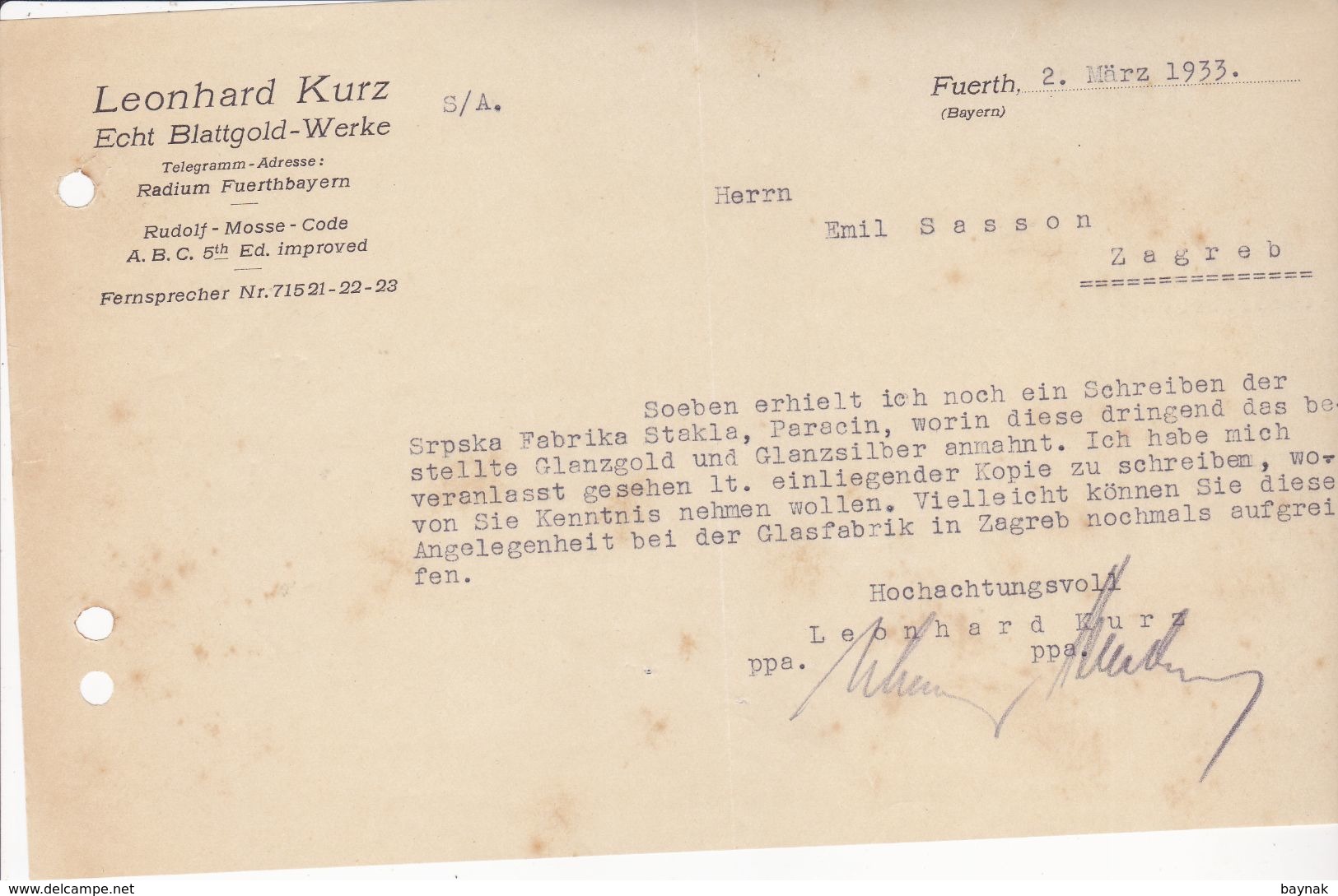 DEUTSCHLAND  --  FURTH    --  LEONHARD KURZ  --   FACTURE, INVOICE     --  1933 - 1900 – 1949