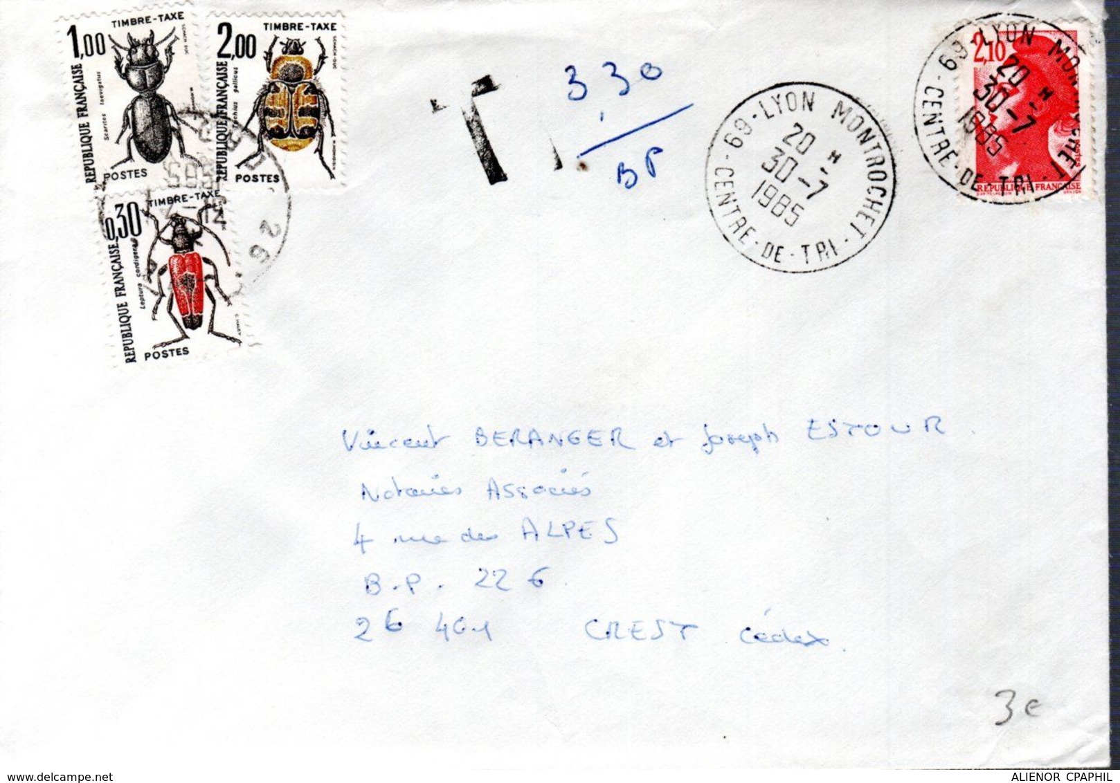 LETTRE 1985 - POSTEE A LYON MONTROCHET - TAXEE A CREST POUR AFFRANCHISSEMENT INSUFFISANT - - 1960-.... Lettres & Documents