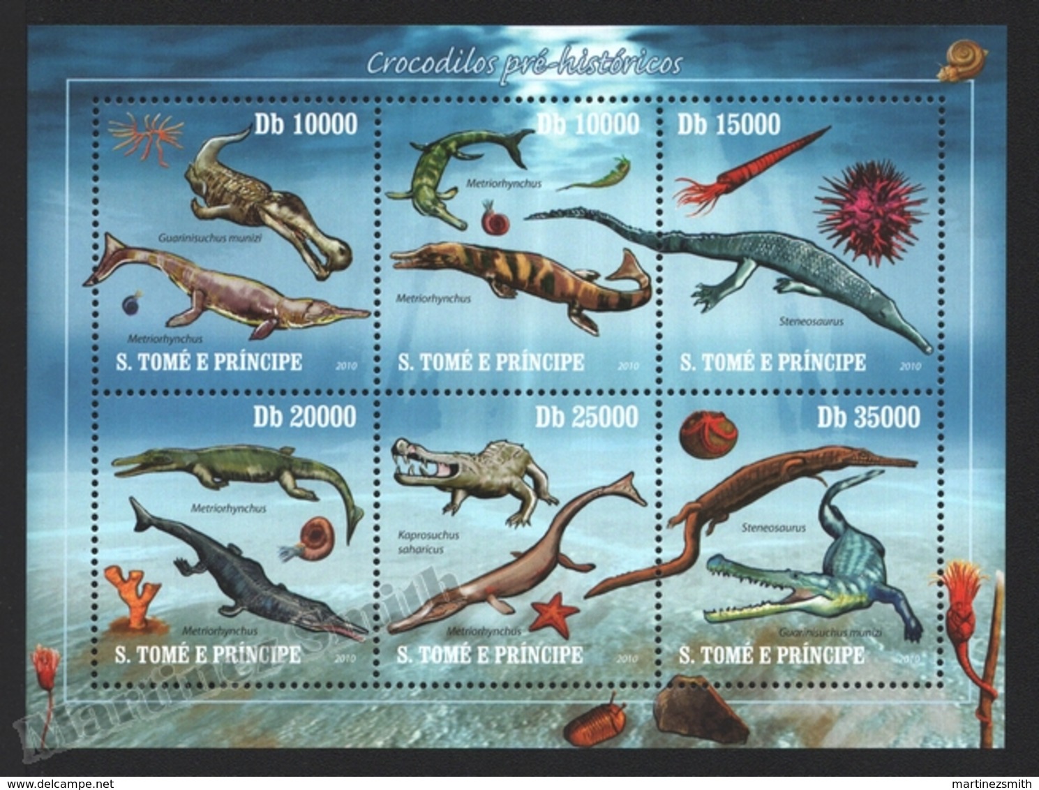 Sao Tome & Principe 2010 Yvert 3390-95, Fauna. Paleontology. Prehistoric Crocodiles - Miniature Sheet - MNH - Sao Tomé E Principe