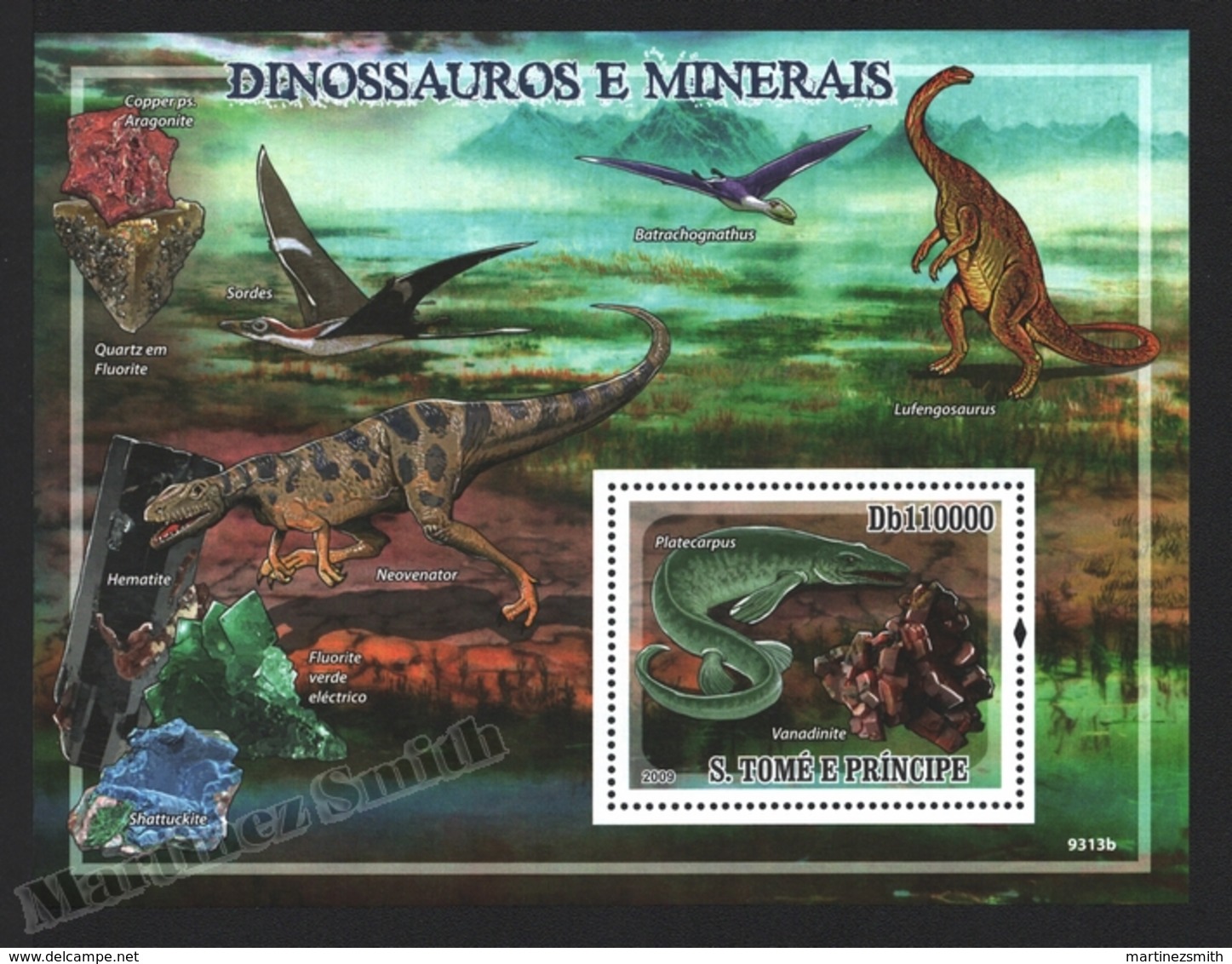 Sao Tome & Principe 2009 Yvert BF 481, Fauna. Paleontology. Dinosaurs. Geology. Minerals - Miniature Sheet - MNH - Sao Tome Et Principe