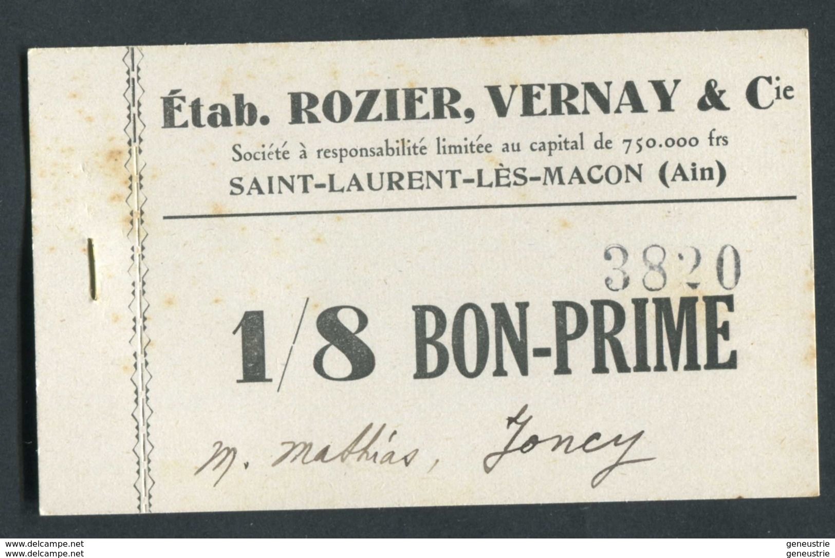 Monnaie De Nécessité Carton "1/8 Bon-Prime - Ets Rozier, Vernay & Cie - St Laurent-les-Macon (Ain)" Emergency Banknote - Monetary / Of Necessity