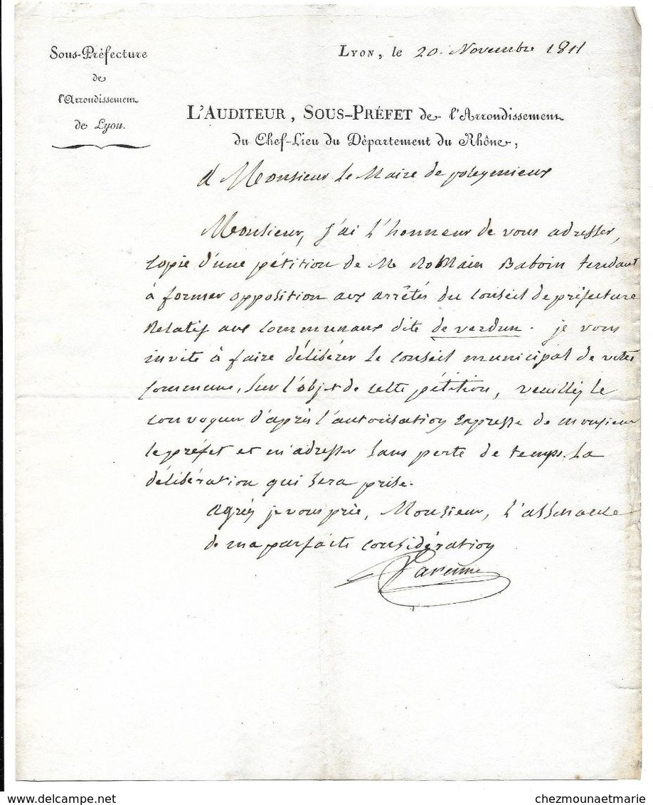 LYON 1811 SOUS PREFET VARENNE AU MAIRE DE POLEYMIEUX SUR PETITION DE ROMAIN BABOIN RELATIF COMMUNAUX DE VERDUN - Documents Historiques