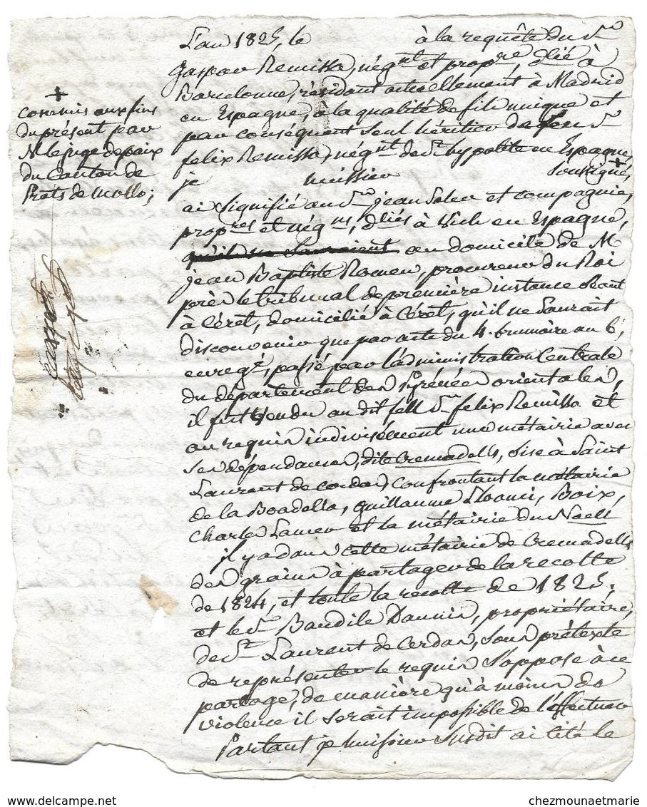 CERET 1825 REQUETE GASPARD REMISSA HABITANT MADRID CONTRE JEAN SOLER HBT VICH CONCERNANT METAIRIE ST LAURENT DE CERDANS - Documents Historiques