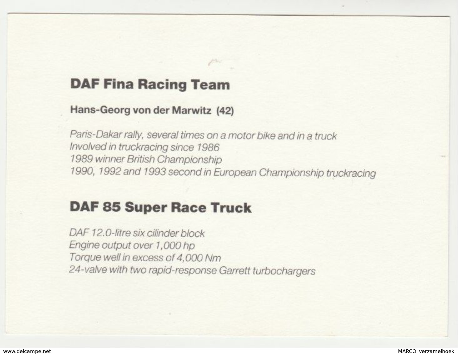 Fotokaart : DAF Trucks Eindhoven DAF FINA Racing Team 15) Hans-georg Von Der Marwitz - Trucks