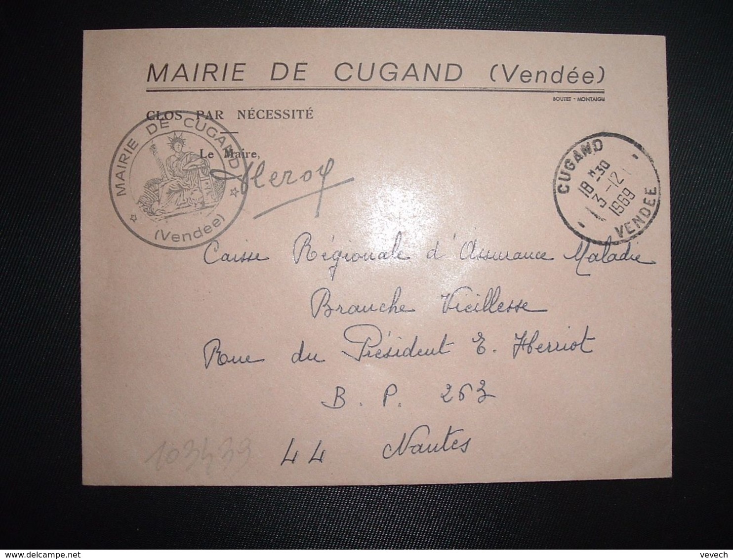 LETTRE MAIRIE OBL.3-12 1969 CUGAND VENDEE (85) - Otros & Sin Clasificación