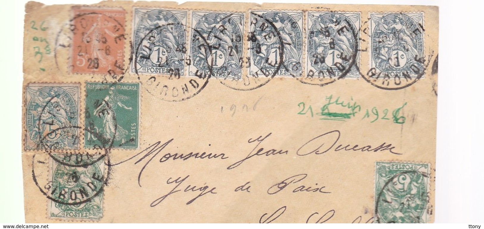 Timbre Type Blanc  1 C Et  5 C    &  Type Semeuse  5c Et 10 C  Sur Un Devant De Lettre  Année 1926 - 1900-29 Blanc