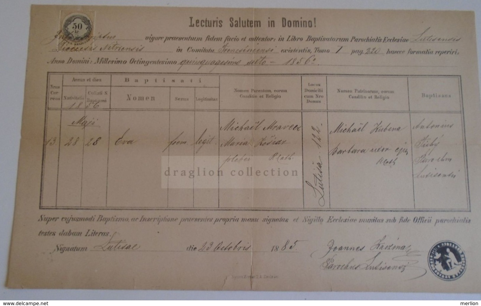 D172601 Old Document -  Slovakia  Lutiše  - Diocesis Nitriensis - EVA MRAVECZ - Joannes KACZIMA Parochus  1885 - Autres & Non Classés