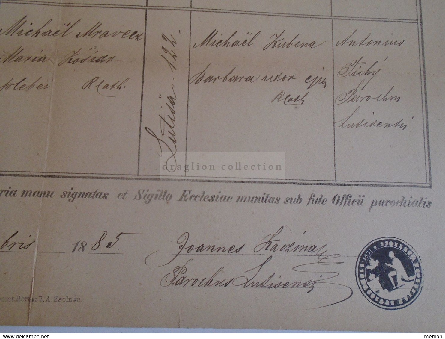 D172601 Old Document -  Slovakia  Lutiše  - Diocesis Nitriensis - EVA MRAVECZ - Joannes KACZIMA Parochus  1885 - Autres & Non Classés