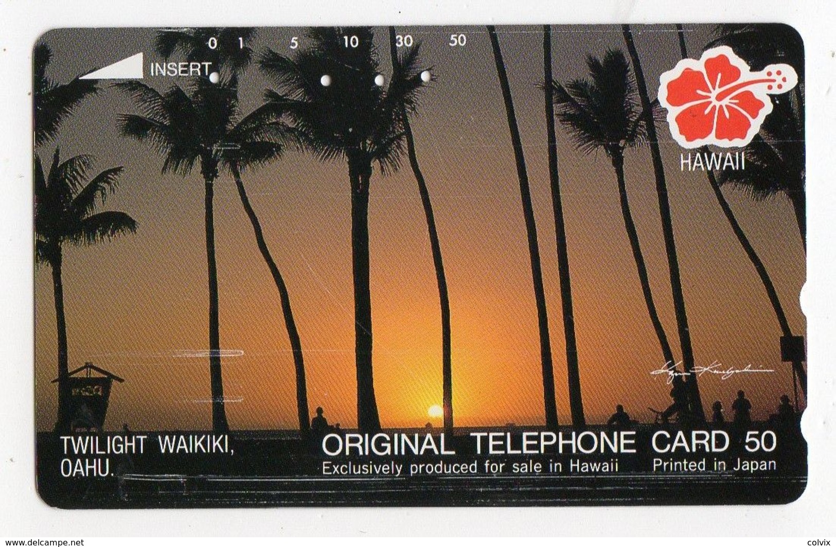 HAWAII TELECARTE Japon PLAGE DE WAIKIKI COUCHER DE SOLEIL PALMIER - Hawaï