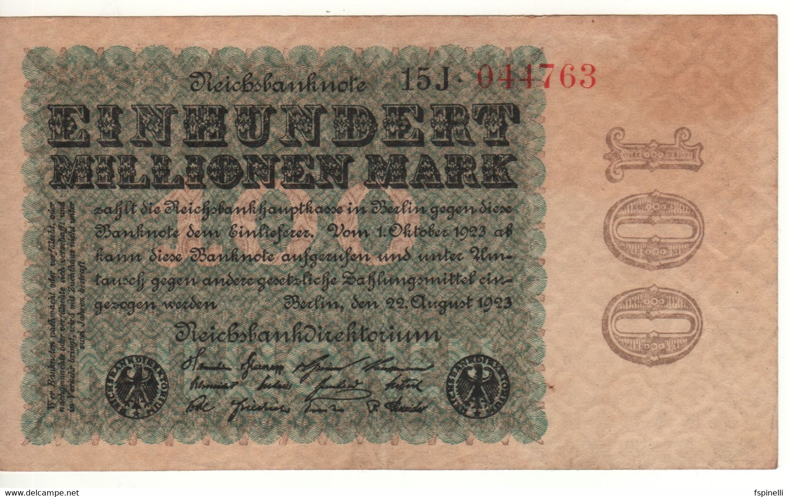 GERMANY   Reichsbank   100 Millionen Mark  P107c 22.08.1923    UNC - 100 Miljoen Mark