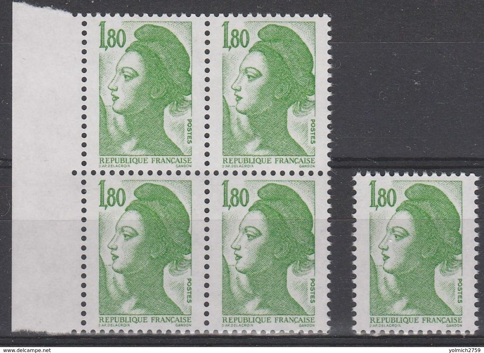 2375a** 1.80f. Liberté SANS BANDE De PHOSPHORE - Bloc De 4 + 1 Isolé - 1982-1990 Liberty Of Gandon