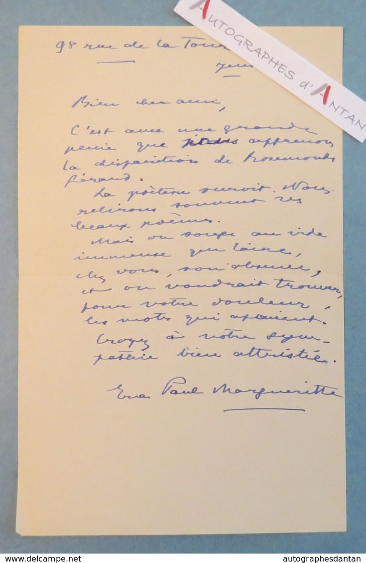 L.A.S Eve PAUL MARGUERITTE écrivain Au Poète Maurice ROSTAND - Paris / Limeil Brévannes - Lettre Autographe - Writers