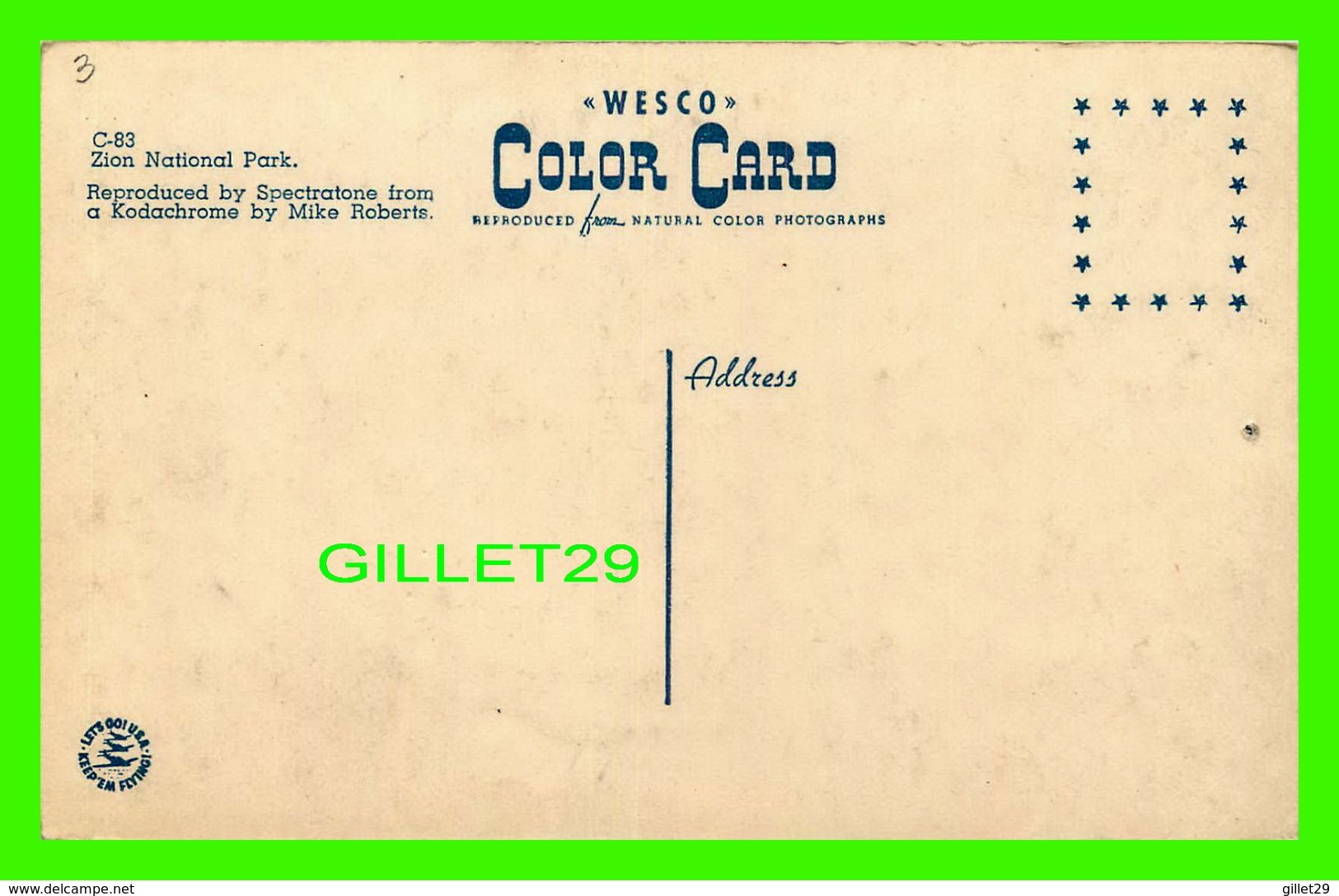 ZION, UT - ZION NATIONAL PARK - WESCO COLOR CARD - - Zion