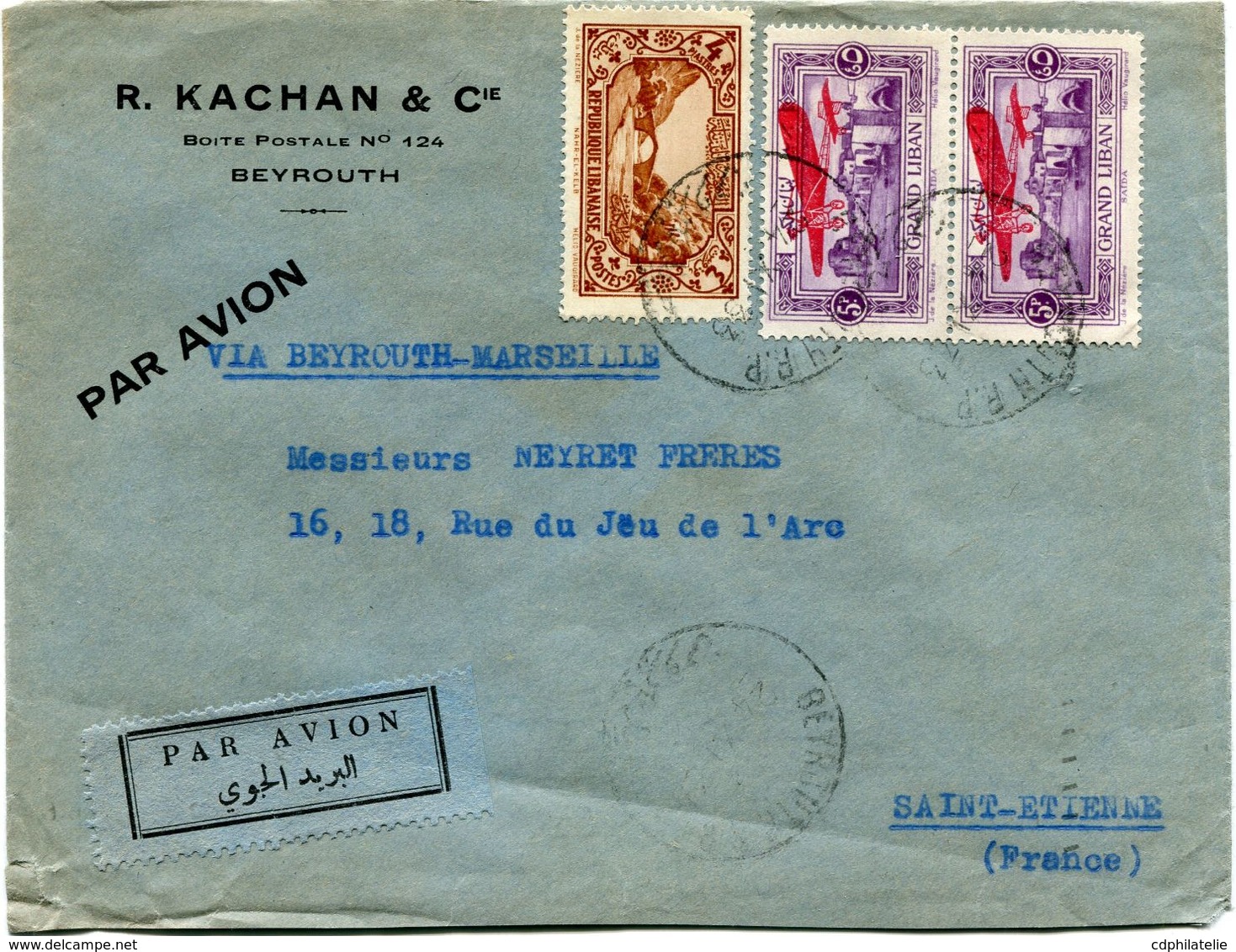 GRAND LIBAN LETTRE PAR AVION DEPART BEYROUTH 24 XI 33 POUR LA FRANCE - Brieven En Documenten