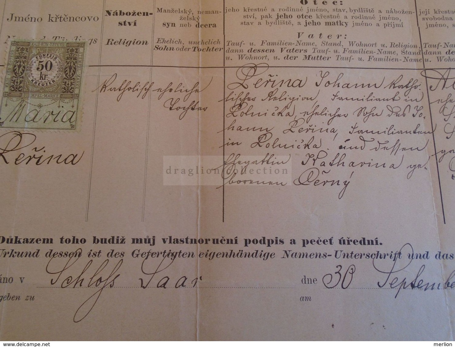 D172606  Old Document - Czechia Moravia - Jihlava - Zámek Žďár Nad Sázavou / Schloss Saar 1883 Maria Lerina - Nacimiento & Bautizo