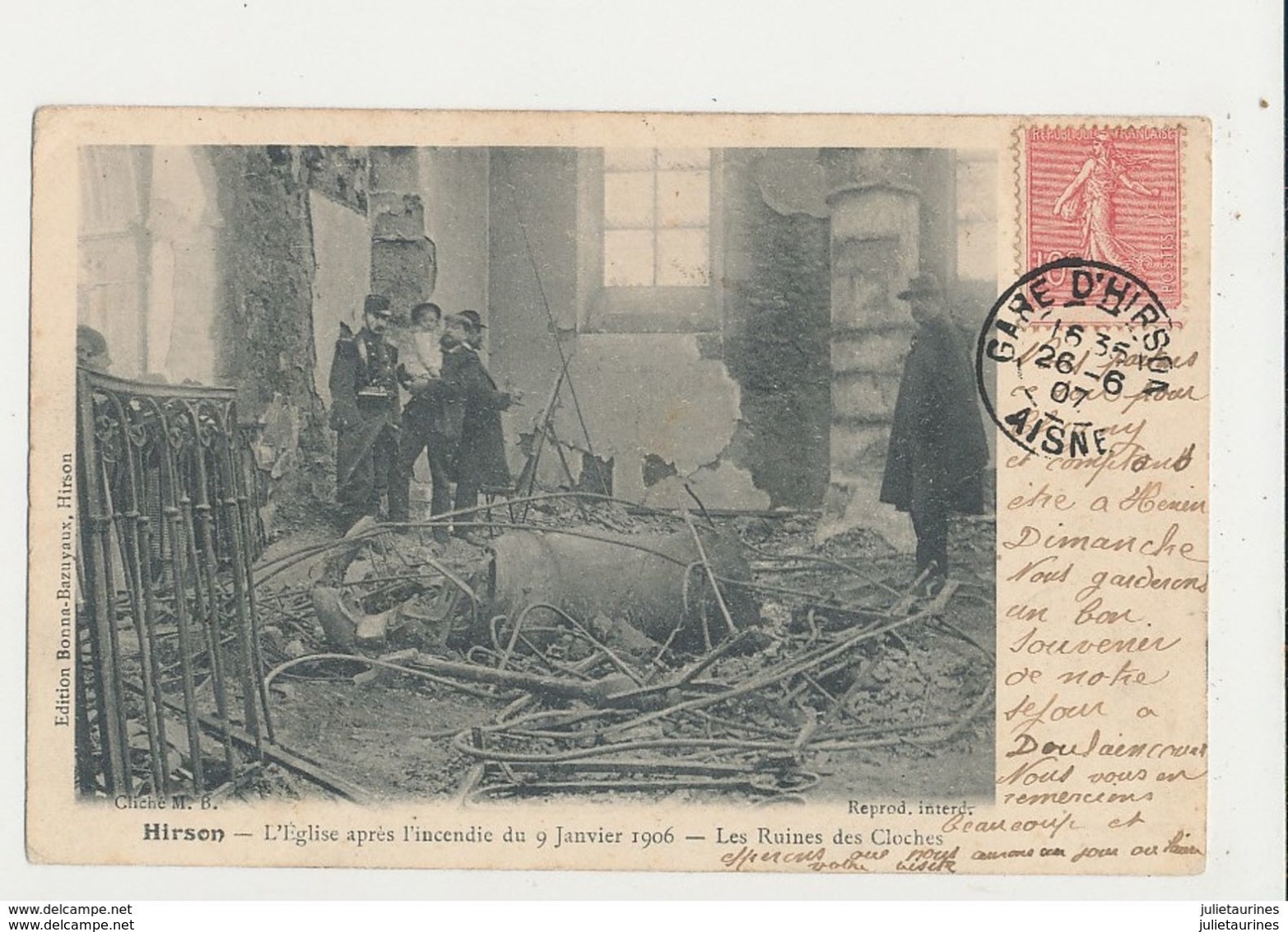 02 HIRSON L EGLISE APRES L INCENDIE DU 9 JANVIER 1906 LES RUINES DES CLOCHES CPA BON ETAT - Hirson