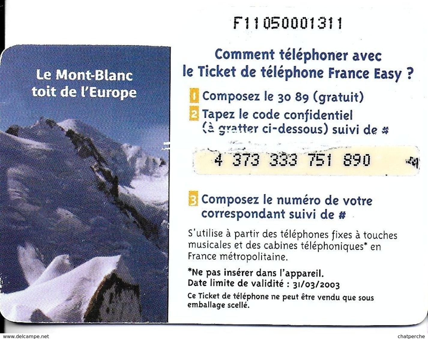 TICKET FRANCE TELECOM FRANCE EASY 50 F PAYSAGE MONTAGNES - Biglietti FT