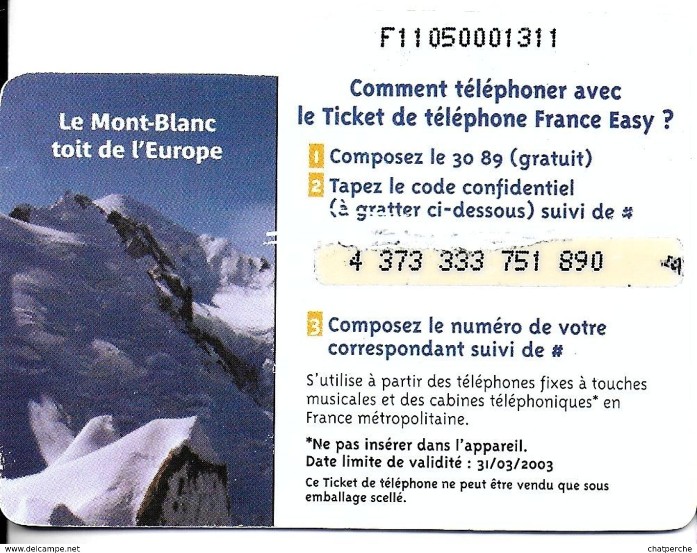 TICKET FRANCE TELECOM FRANCE EASY 50 F PAYSAGE MONTAGNES - FT