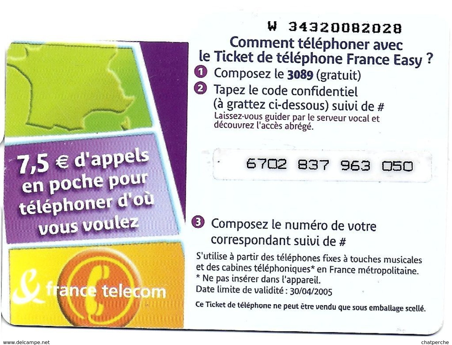 TICKET FRANCE TELECOM FRANCE EASY 7.5 €UROS - Biglietti FT