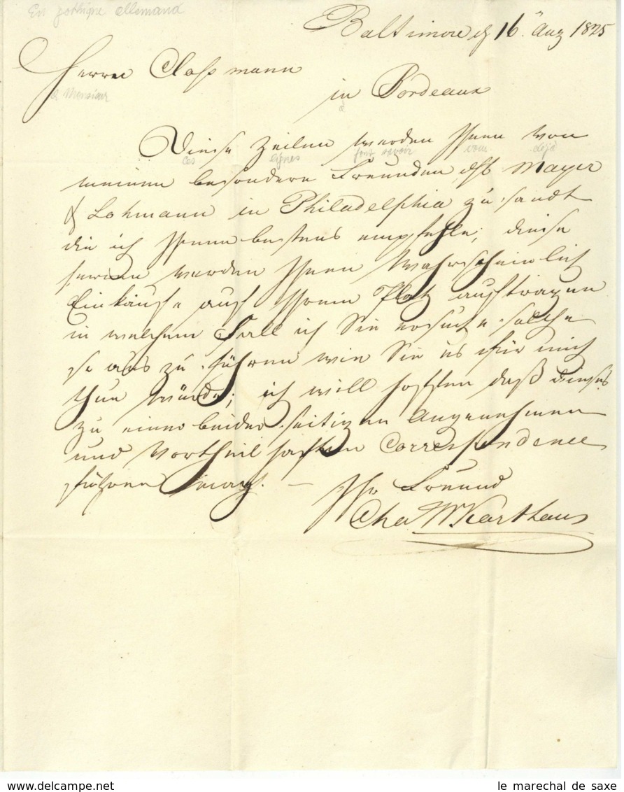 Baltimore USA 1825 Charles William Karthaus Letter To Clossmann In Bordeaux In German - Manuskripte