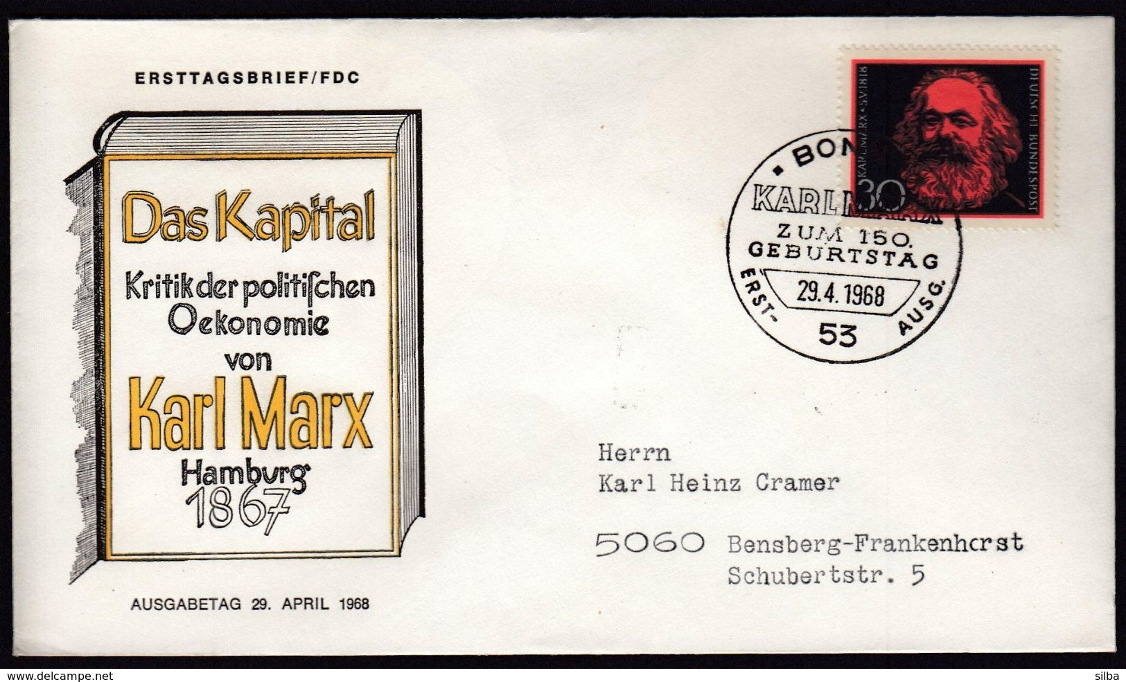 Germany Bonn 1968 / 150th Anniversary Of The Birth Of Karl Marx / Das Kapital / FDC - Karl Marx