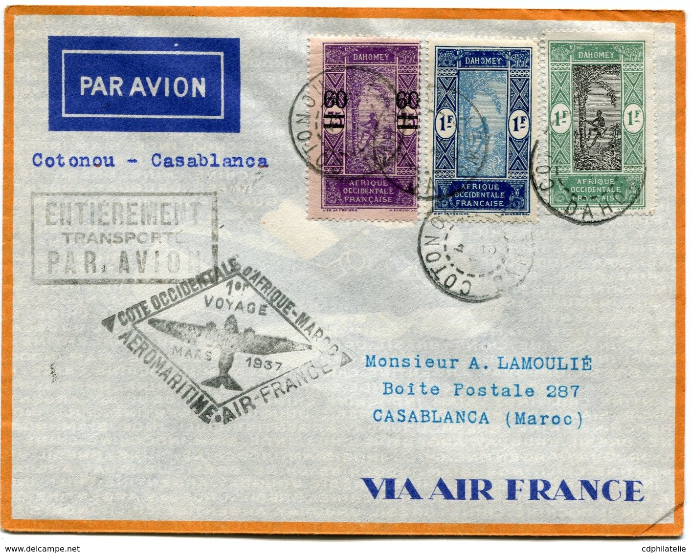 DAHOMEY LETTRE PAR AVION COTONOU - CASABLANCA DEPART COTONOU 4 MARS 37 DAHOMEY POUR LE MAROC - Lettres & Documents