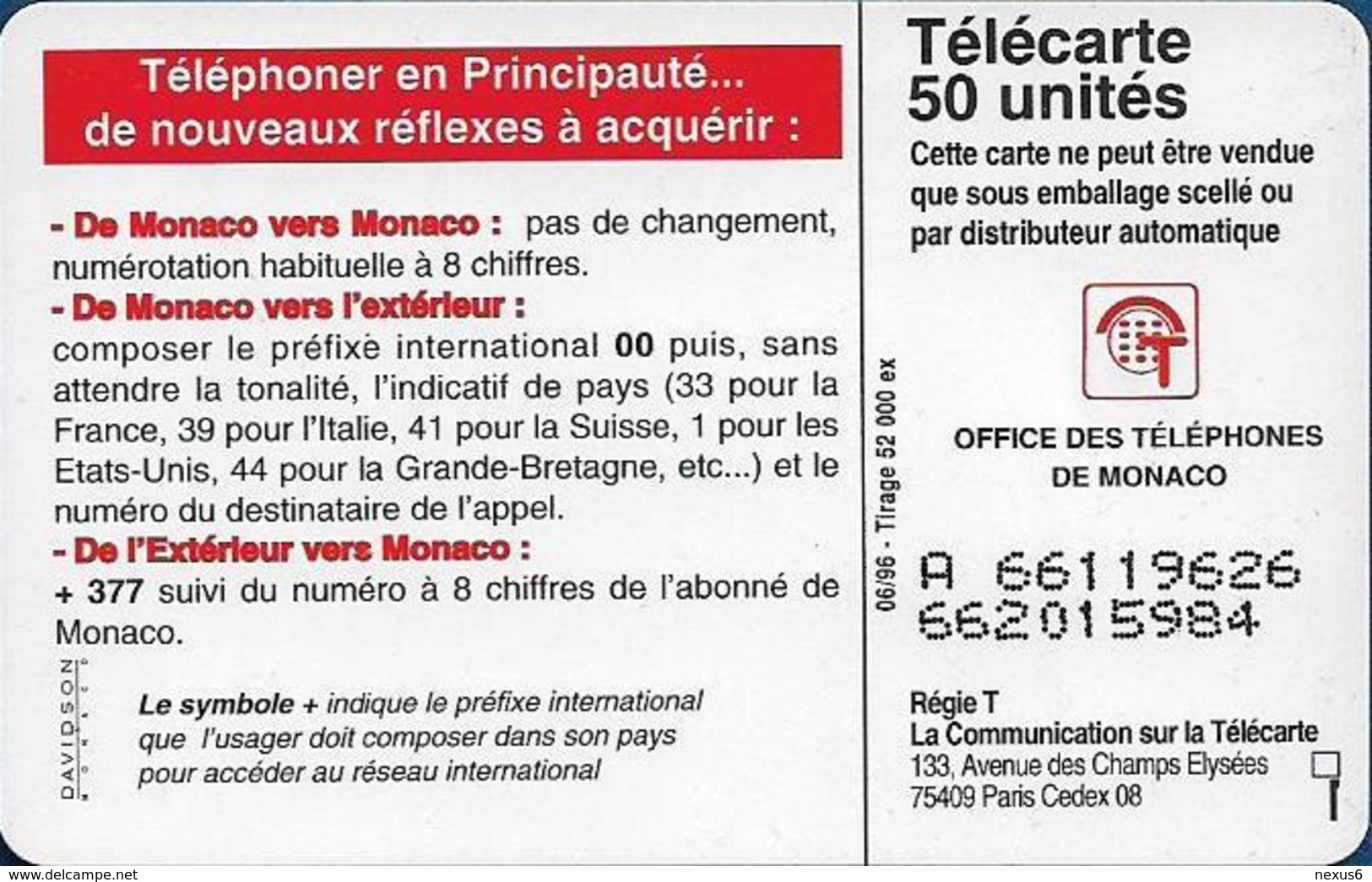 Monaco - MF41 (626) - 377, Changement Numérotation - Cn. A Xxxxx626 - 06.1996, Solaic Afnor, 50Units, 52.000ex, Mint - Monaco