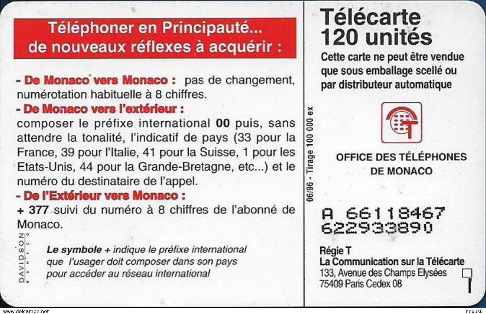 Monaco - MF42 - 377, Changement Numérotation - Cn. A Xxxxx467 - 06.1996, Solaic Afnor, 120Units, 100.000ex, Used - Monaco