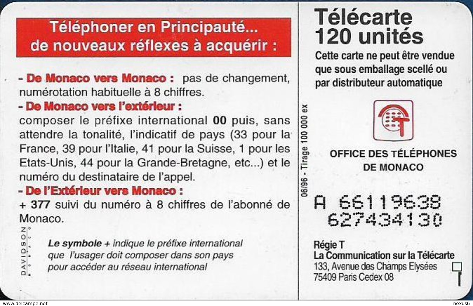 Monaco - MF42B - 377, Changement Numérotation - Cn. A Xxxxx638 - 06.1996, Solaic Afnor, 120Units, 100.000ex, Used - Monace