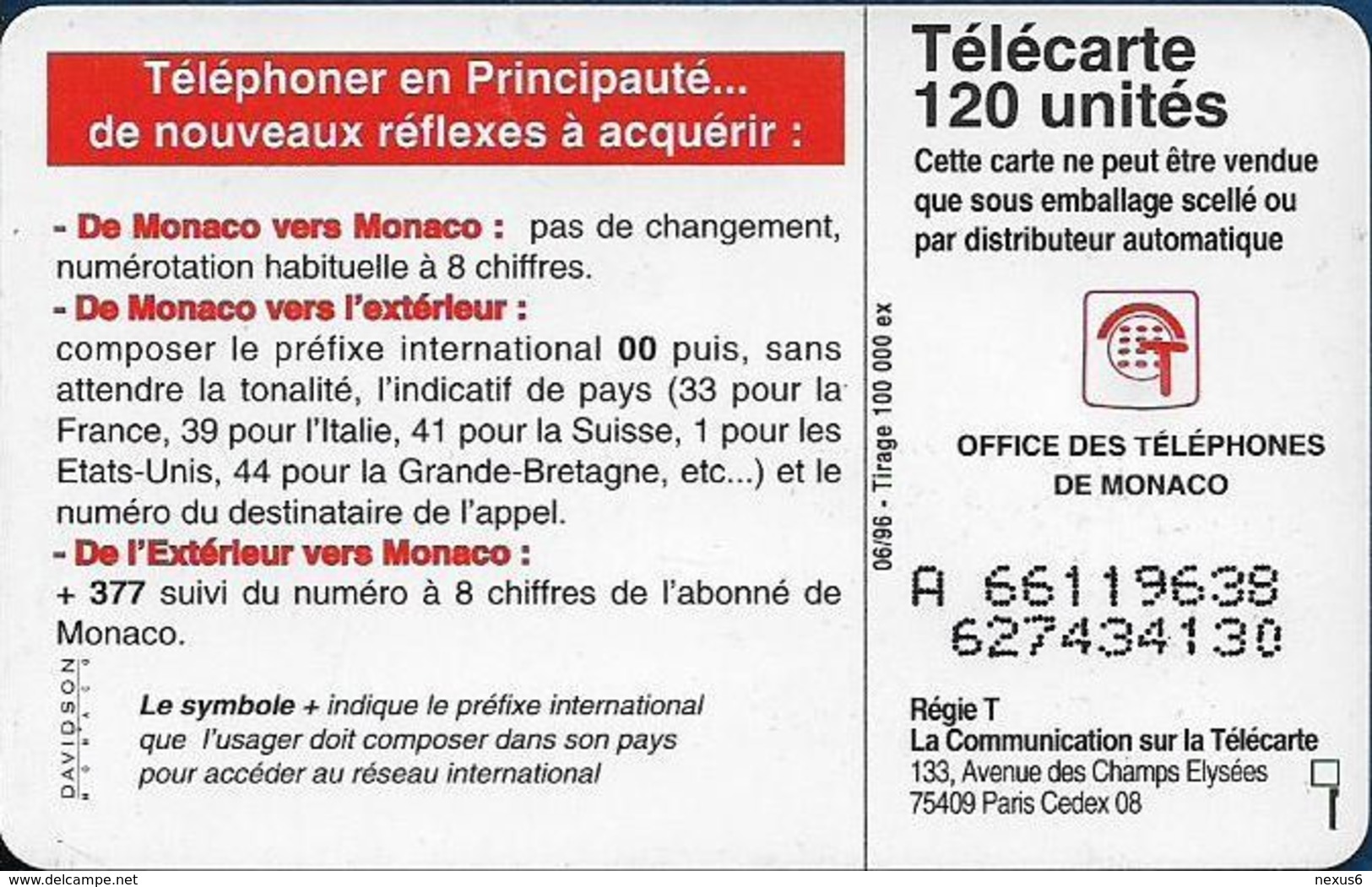 Monaco - MF42B - 377, Changement Numérotation - Cn. A Xxxxx638 - 06.1996, Solaic Afnor, 120Units, 100.000ex, Used - Monaco