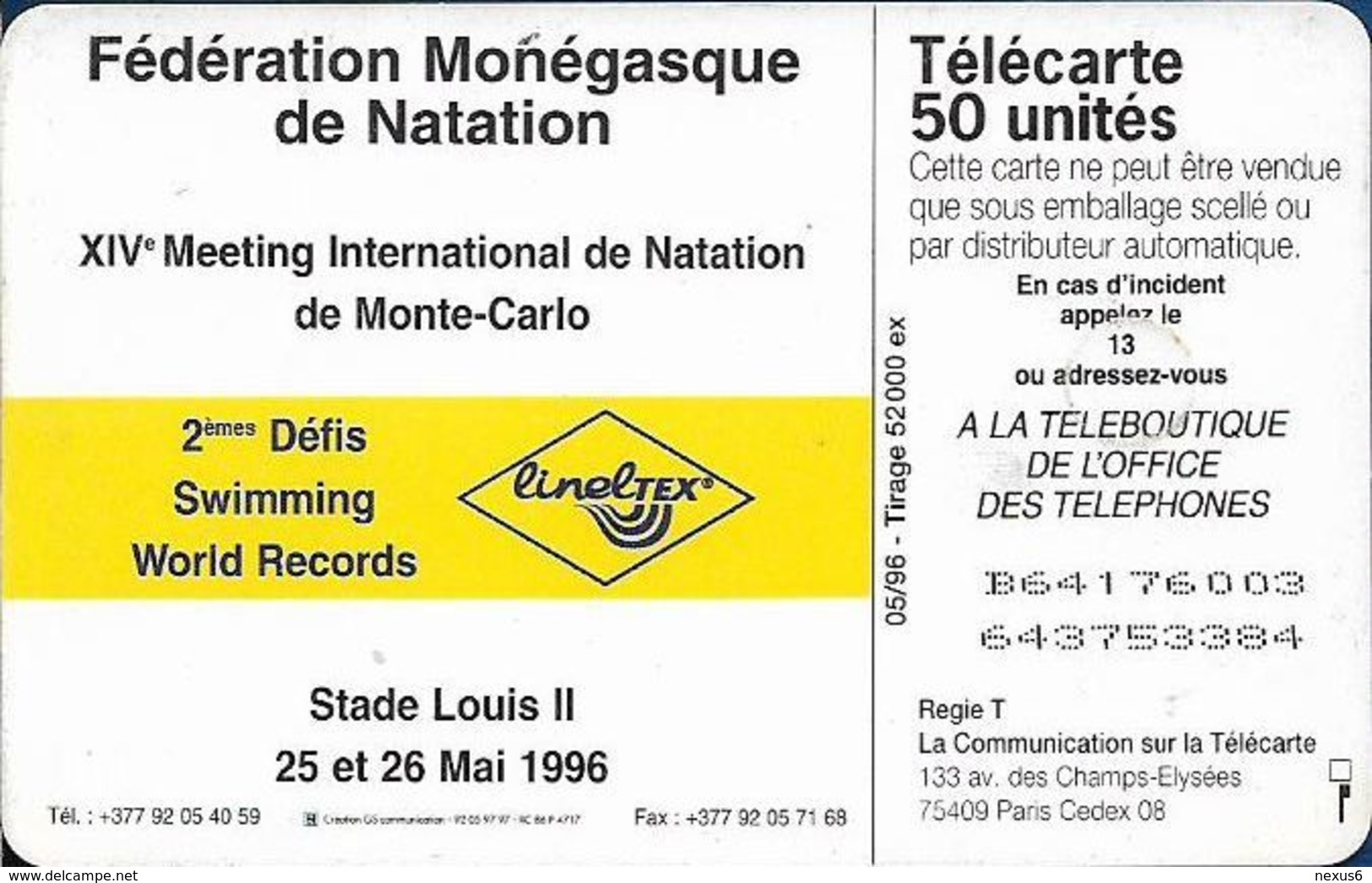 Monaco - MF39B - Natation, Swimming - Gem1B Not Symmetr. White/Gold, 05.1996, 50Units, 52.000ex, Used - Monaco