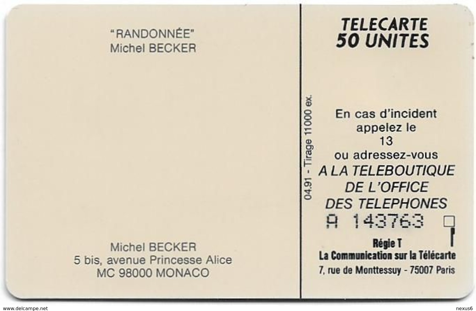 Monaco - ME4 - Randonnée, Michel Becker - Solaic Afnor, 04.1991, 50Units, 11.000ex, Used - Monaco