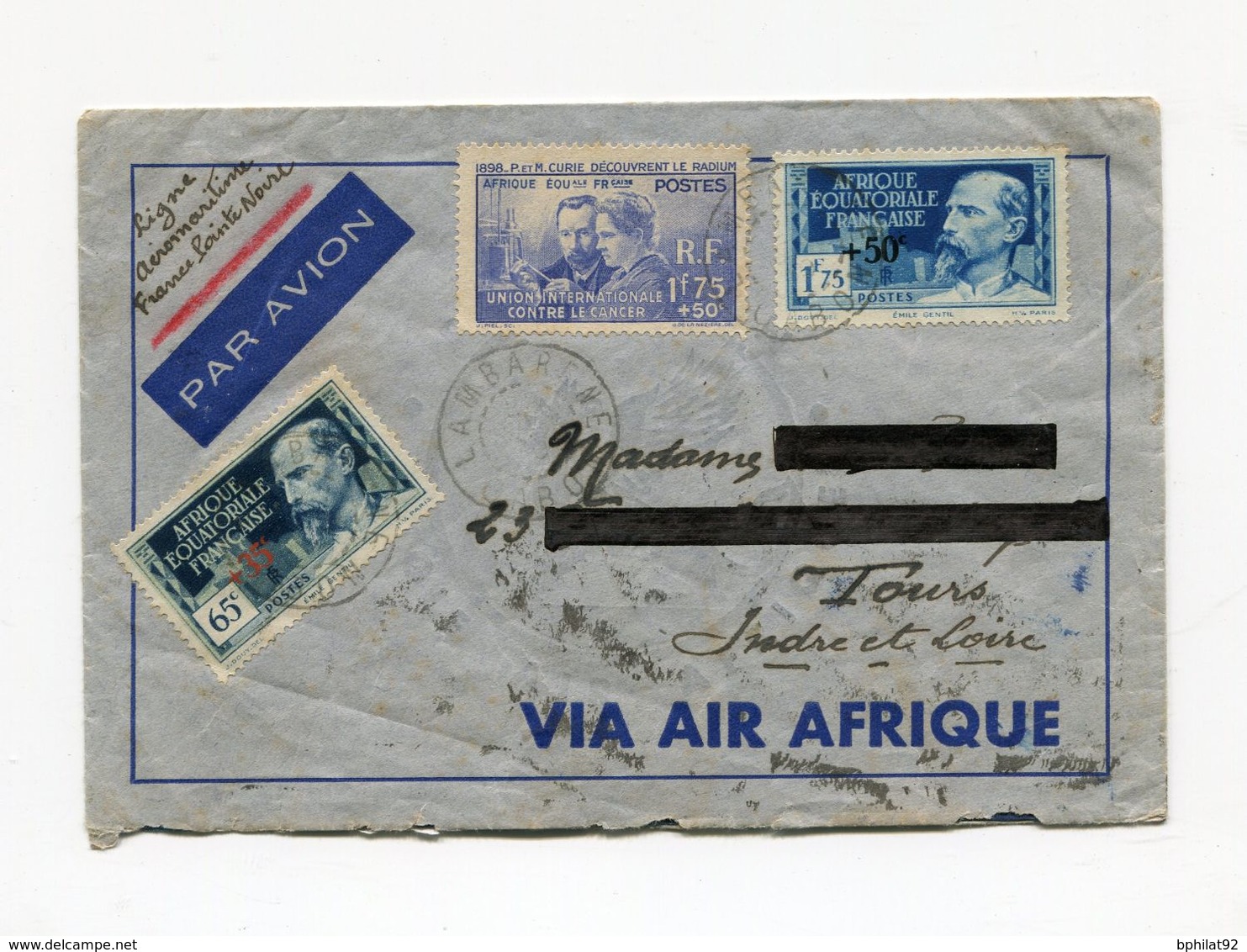 !!! GABON, LIGNE AEROMARITIME FRANCE-POINTE NOIRE, LETTRE DE LAMBARENE POUR TOURS DE 1939 - Brieven En Documenten