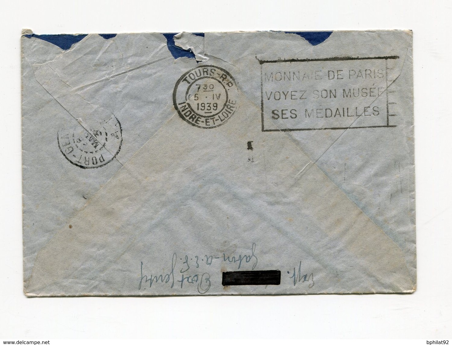 !!! GABON, LIGNE AEROMARITIME FRANCE-POINTE NOIRE, LETTRE DE LAMBARENE POUR TOURS DE 1939 - Briefe U. Dokumente