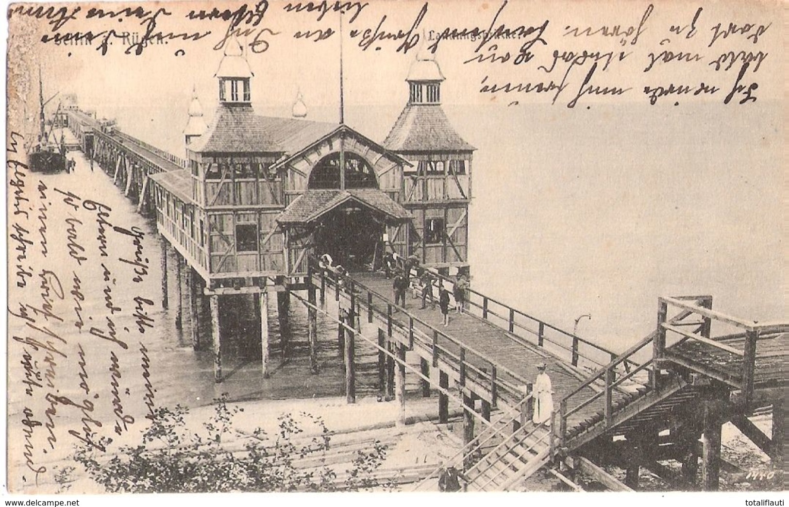 SELLIN Rügen Landungsbrücke Belebt Jungs Barfüßig Hinten Links Bau Schiff Mit Pfahl Ramme BahnPost PUTBUS -GÖH 28,6,1911 - Sellin