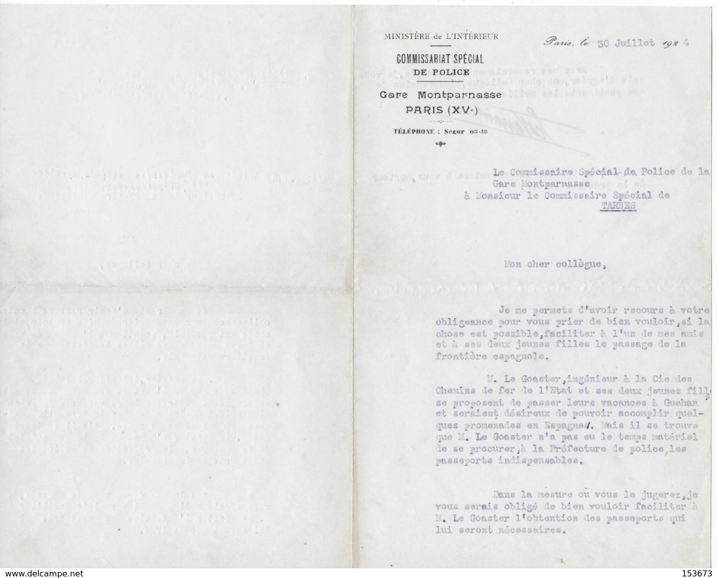 Lettre 1924 Commissaire Police PARIS MONTPARNASSE à Commissaire Police De TARBES - Polizei