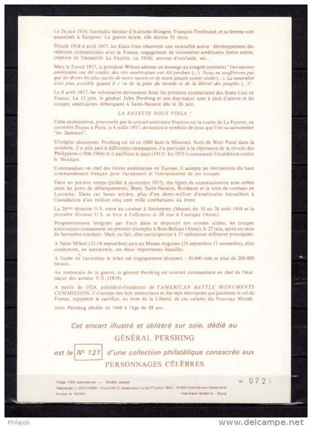 " GENERAL PERSHING " Sur Encart 1er Jour N°té / Soie Rare (548/1300) Edit° A.M.I.S. N° YT 2477. Parfait état - Militaria