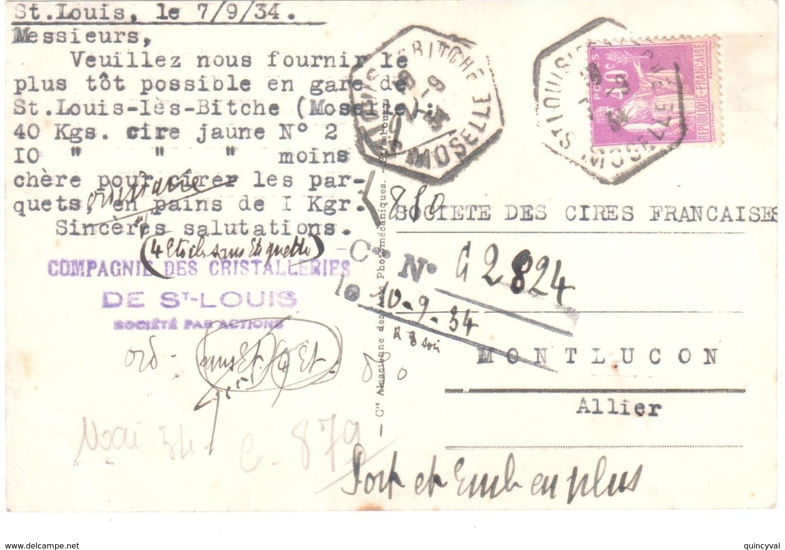 St LOUIS Les BITCHE Moselle Commande De La Cristallerie Carte Postale Illustrée 40c Paix Yv 281 Ob 1934 Hexagone RAR E4 - Briefe U. Dokumente