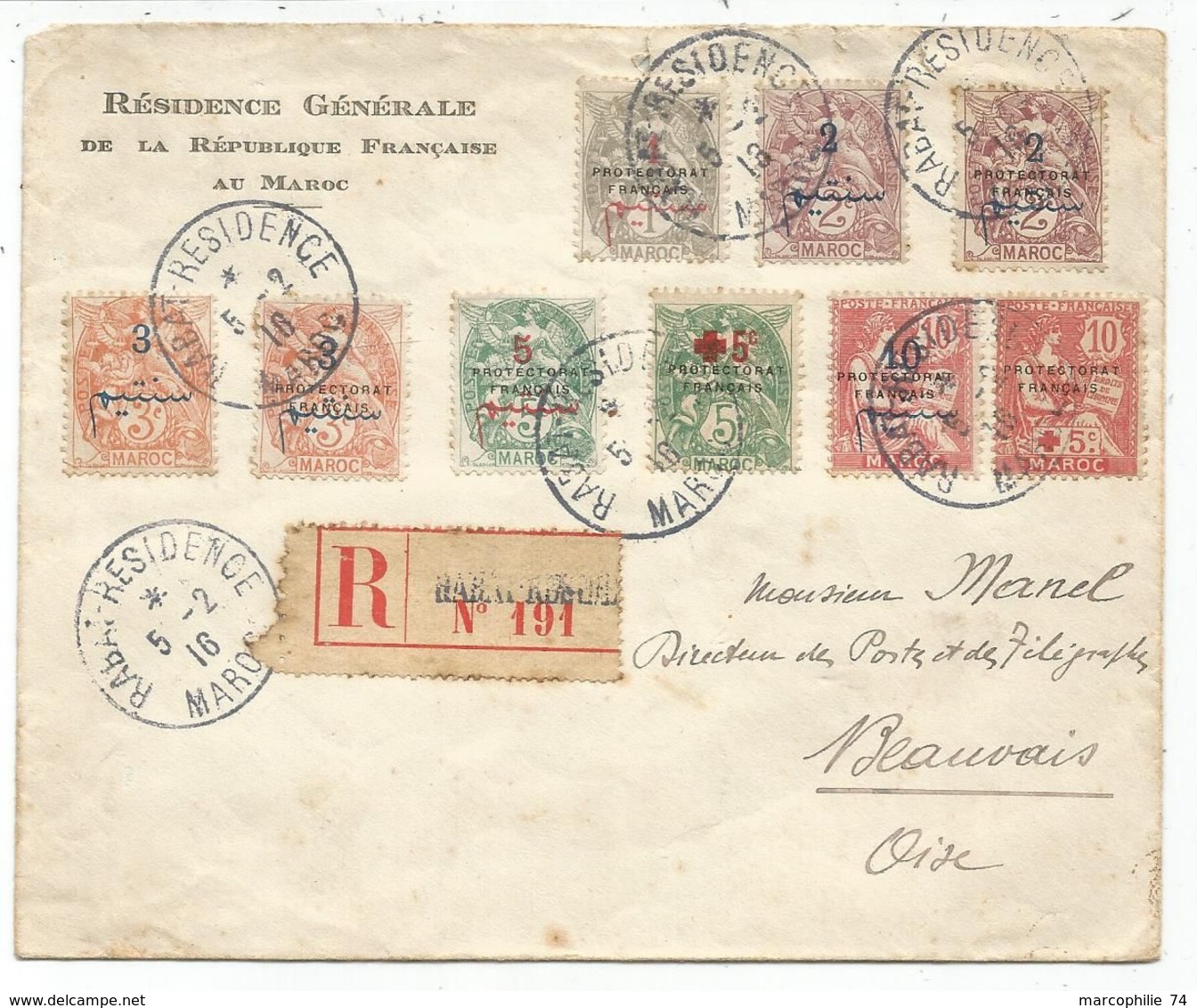 MAROC BLANC DIVERS + MOUCHON + CROIX ROUGE LETTRE REC RABAT RESIDENCE 5.2.1916 POUR OISE - 1900-29 Blanc